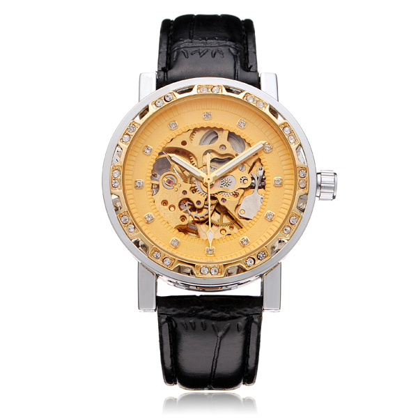 

FORSINING Кристалл Золотая искусственная кожа Механический Мужские наручные часы с маховиком