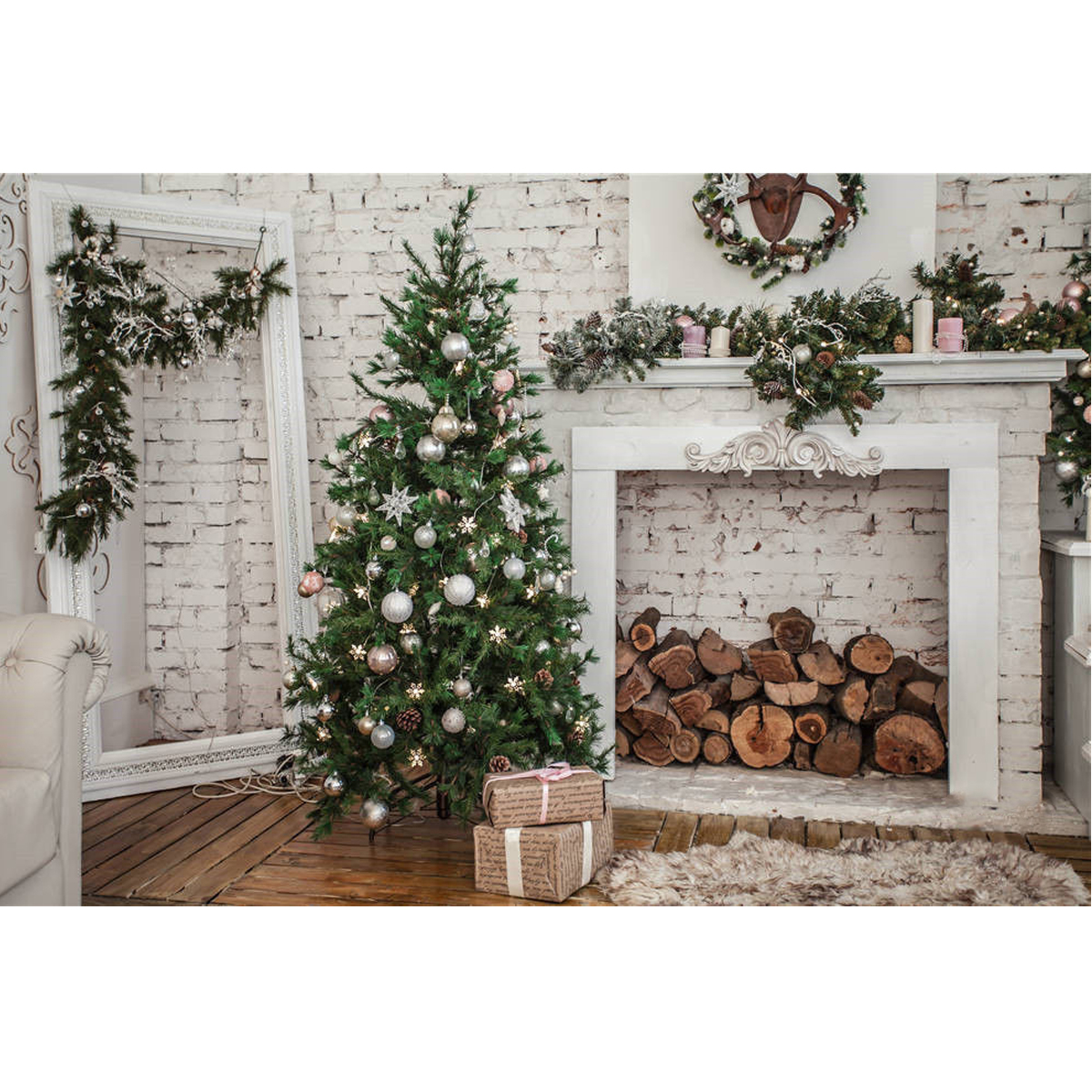 

7x5FT White Room Christmas Tree Fireplace Gift Photography Backdrop Studio Prop Background