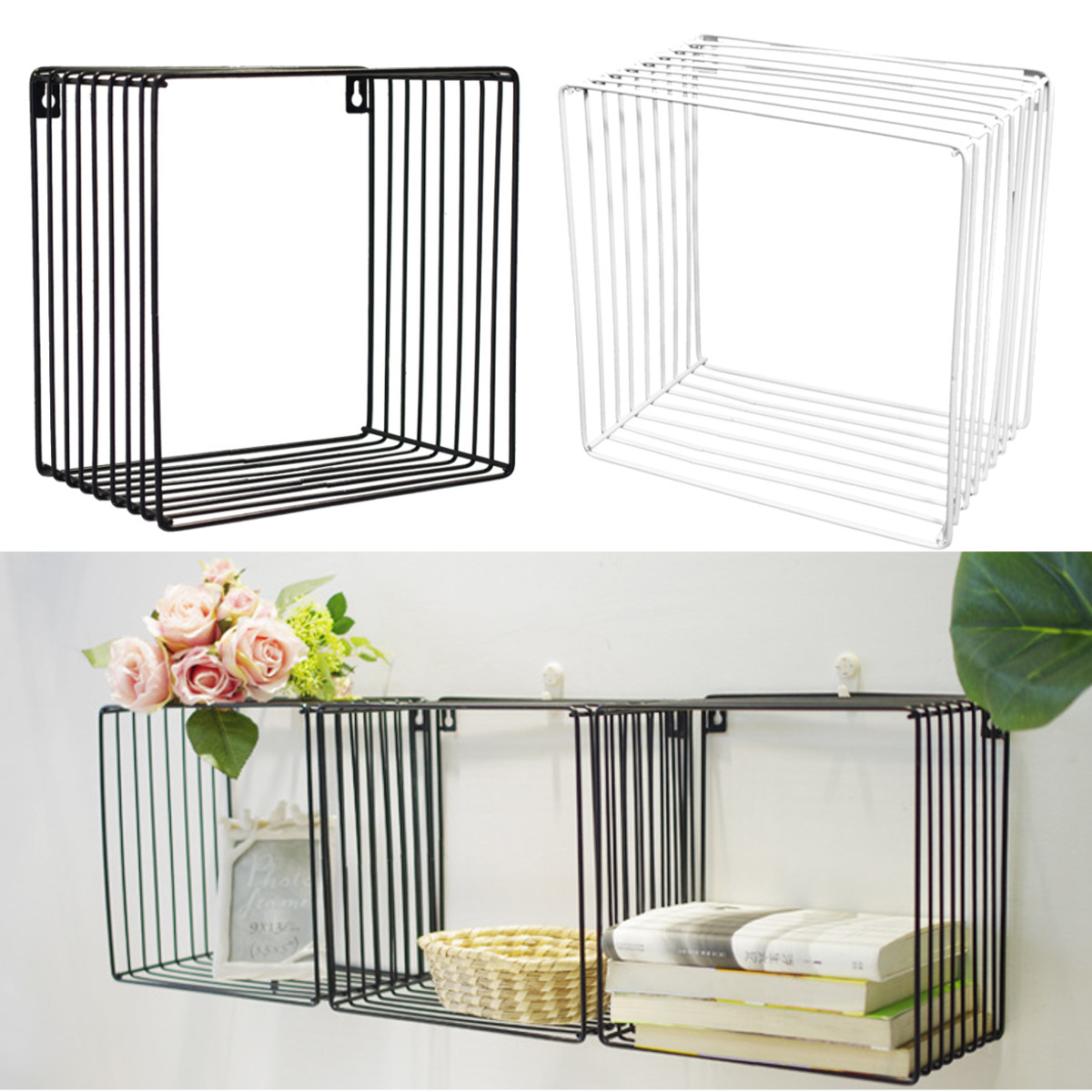 

Black/White Square Wire Wall Mounted Hanging Pipe Storage Display Baskets Rack Nordic Style