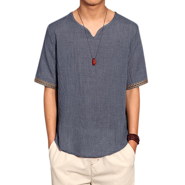 

Ретро китайского стиля футболка Летние мужские льняные сплошной цвет V-образным вырезом с коротким рукавом Топы Тройники
