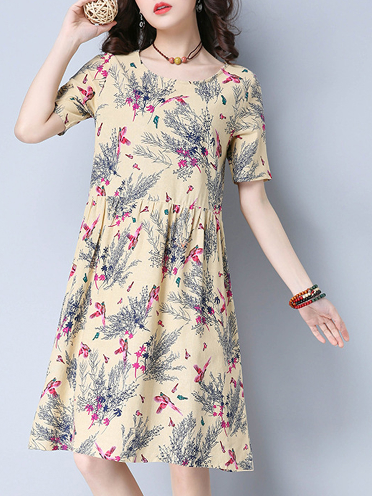 

Летние женские цветочные принты O-образным вырезом с коротким рукавом платья для колен