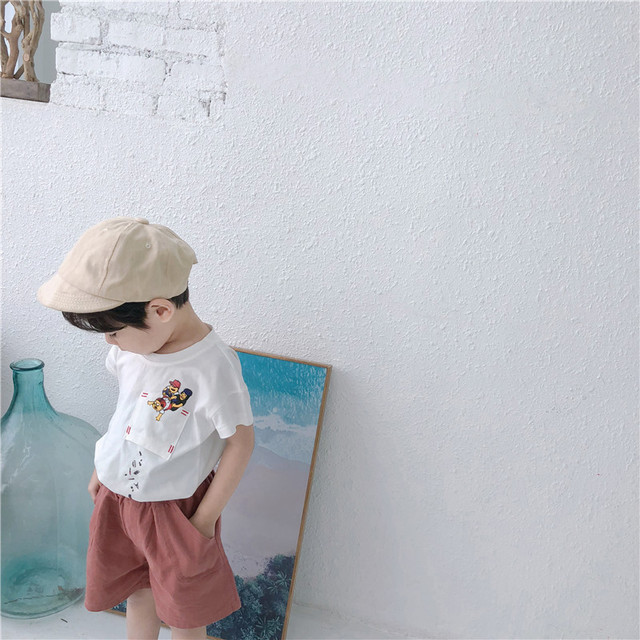 

Мальчик с короткими рукавами футболки сезон новый детский хлопок мультфильм печати футболка дна Рубашка девочек с половиной рукава прили