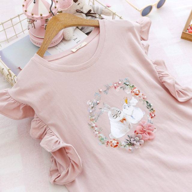 

Japanese College Wind Season New Sweet Wooden Ear Garland Bunny Sleeveless Vest T-shirt Shirt Women's Clothing