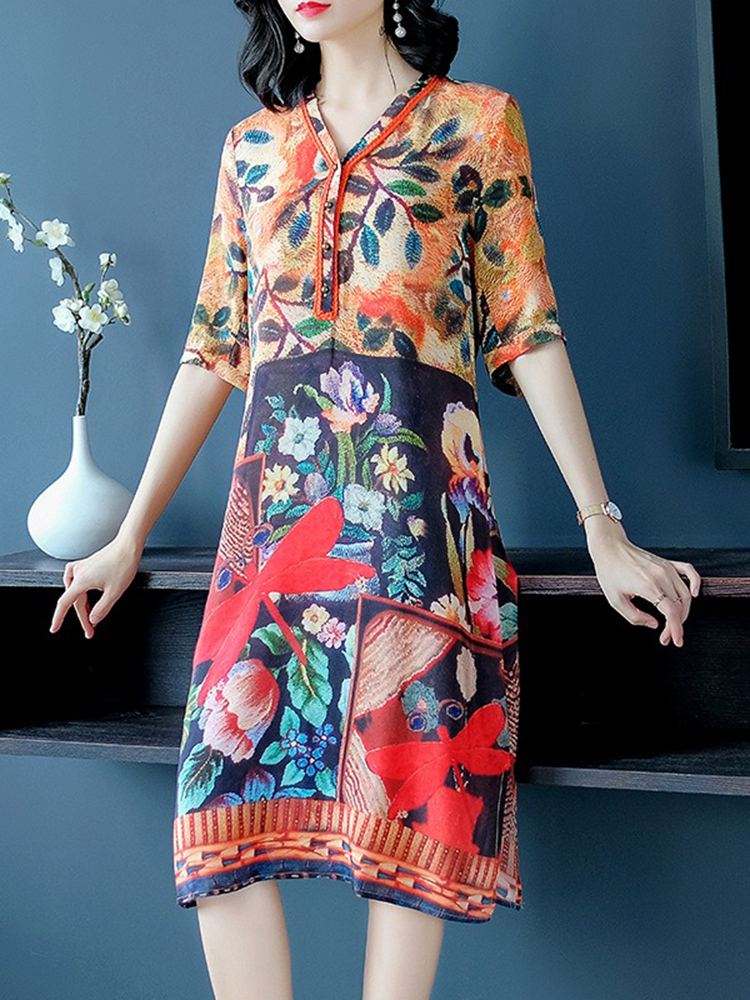 

Женское V-образный вырез Цветочный шелк Винтаж Платье