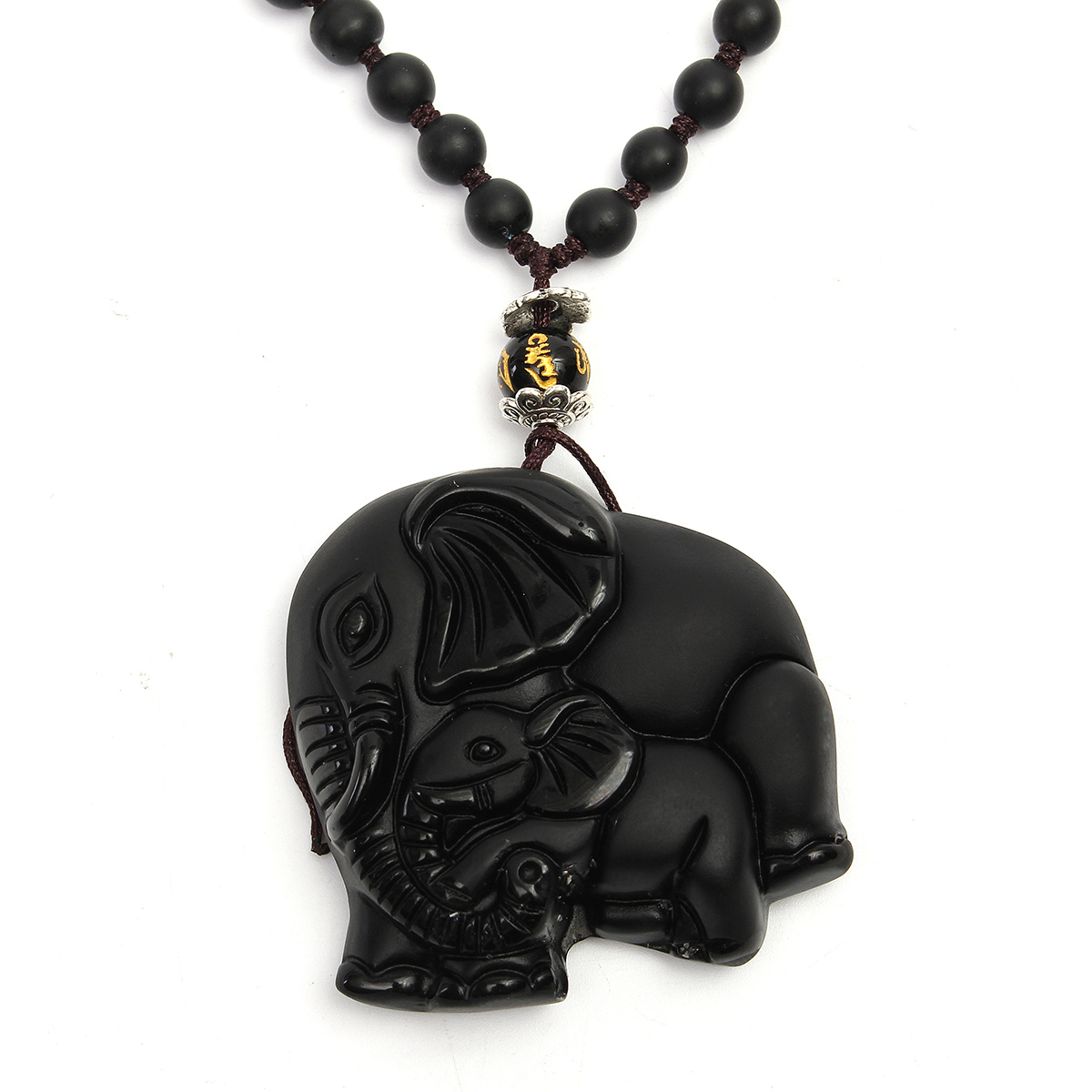 

Black Obsidian Lucky Elephant Pendant Hand Carved Beads Necklace