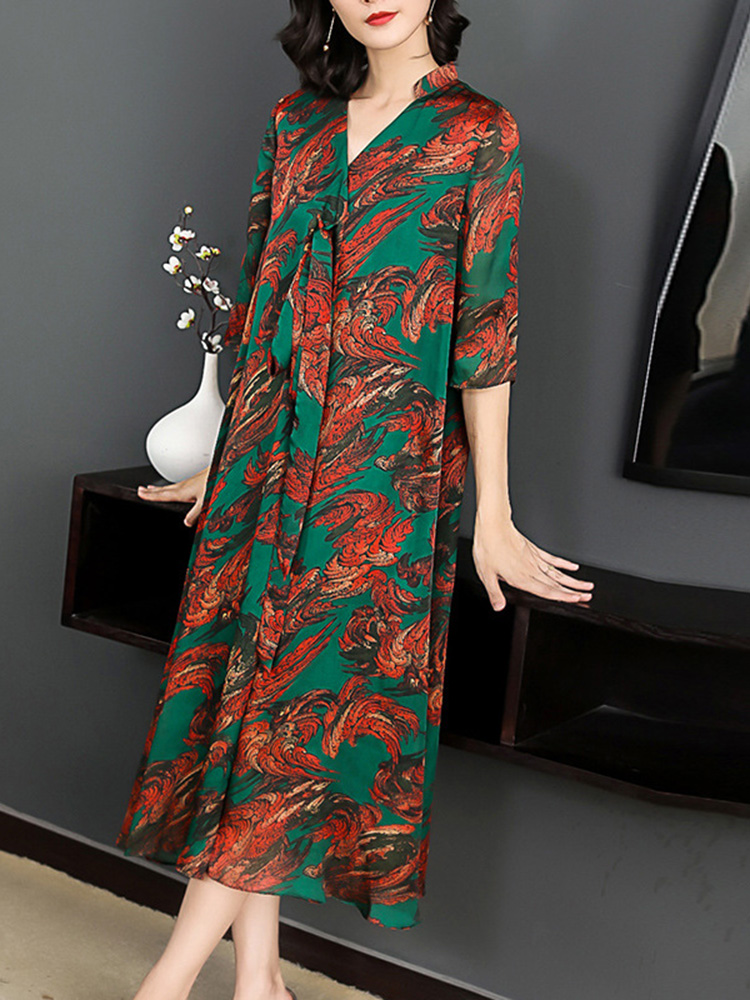 

Элегантная цветочная печать V-образным вырезом Half Sleeve Mid-long Платье