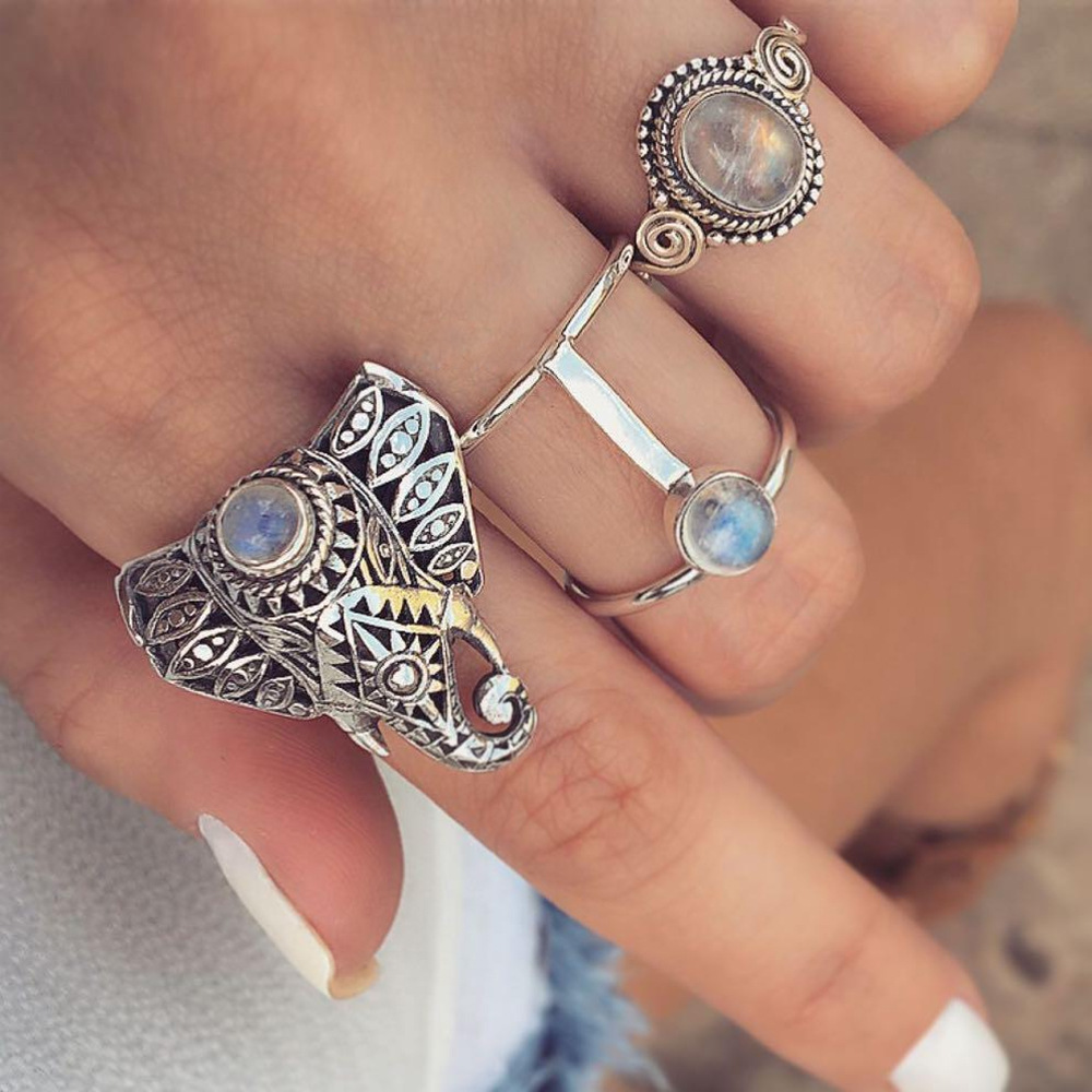 

Винтаж Finger Ring Set Gemstone Cute Elephant Серебряные кольца Knuckle Кольца Этнис Ювелирные изделия для Женское