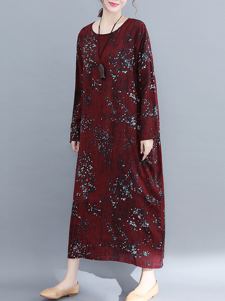 

Женское Длинные рукава Цветочные печати Хлопок Mid-Long Платье