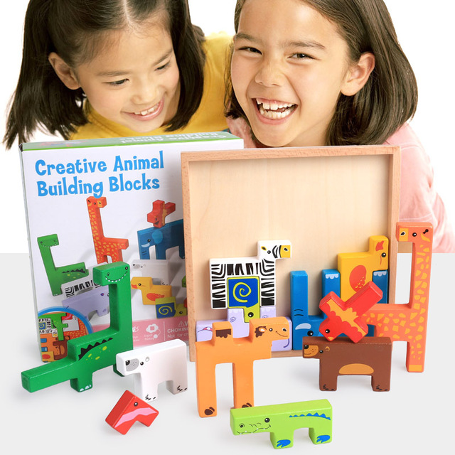 

Деревянный мультфильм животных рука нуля доска ребенок ребенок ребенок строительные блоки трехмерная головоломка развивающие детские иг