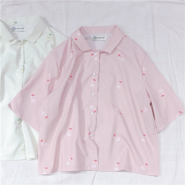 

Японский сен женский сезон новый симпатичный молочный принт с отворотом с короткими рукавами Рубашка Рубашка женская одежда