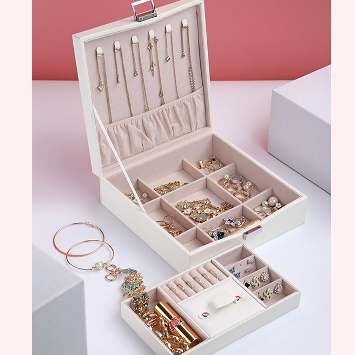 

Flannel Square Jewelry Box Simple Layout 2 Layers Makeup Organizer Choker Ring Necklace Storage Box