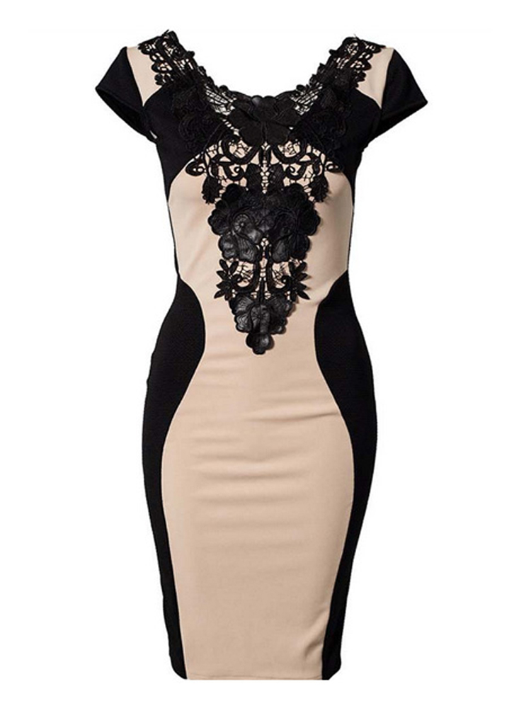 

Women Lace Embroidery Short Sleeve Knee Length Office Party Dress