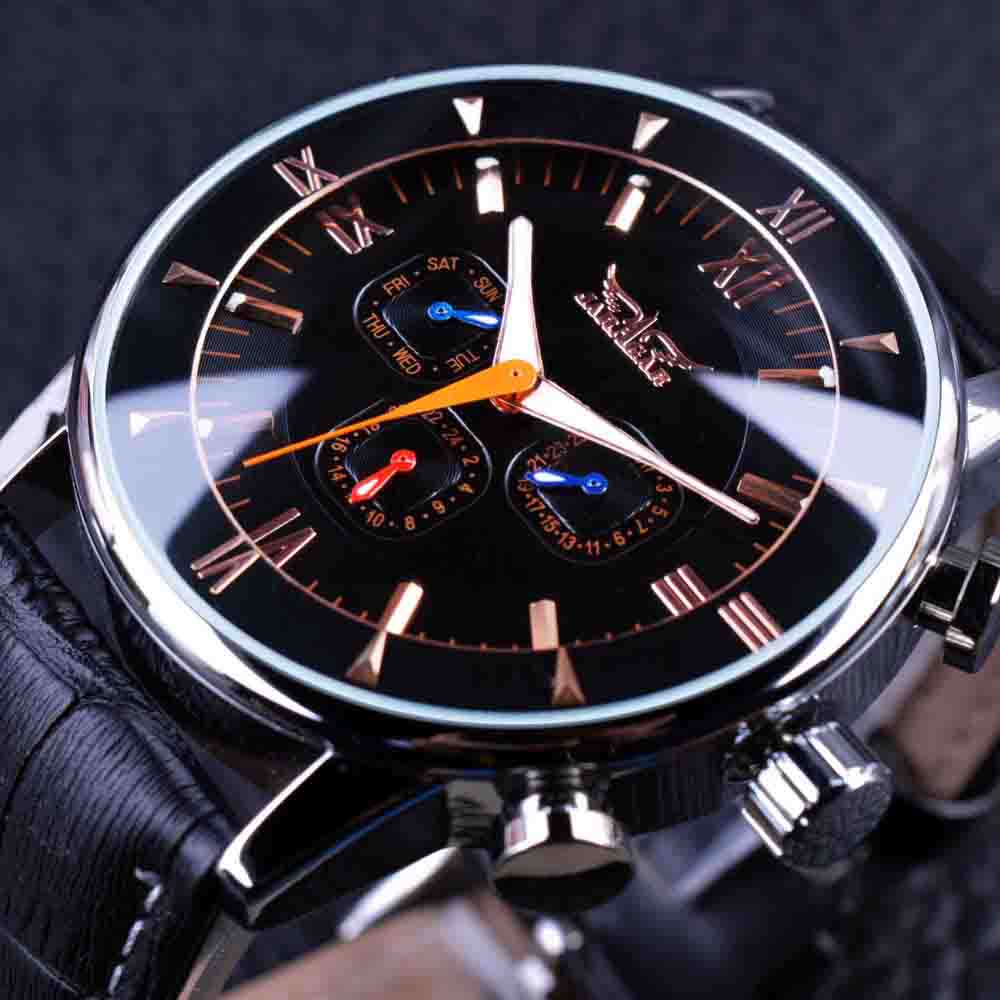 

JARAGAR GMT954 Светящиеся руки Автоматические Механический Наручные часы Черный кожаный ремешок Мужские часы