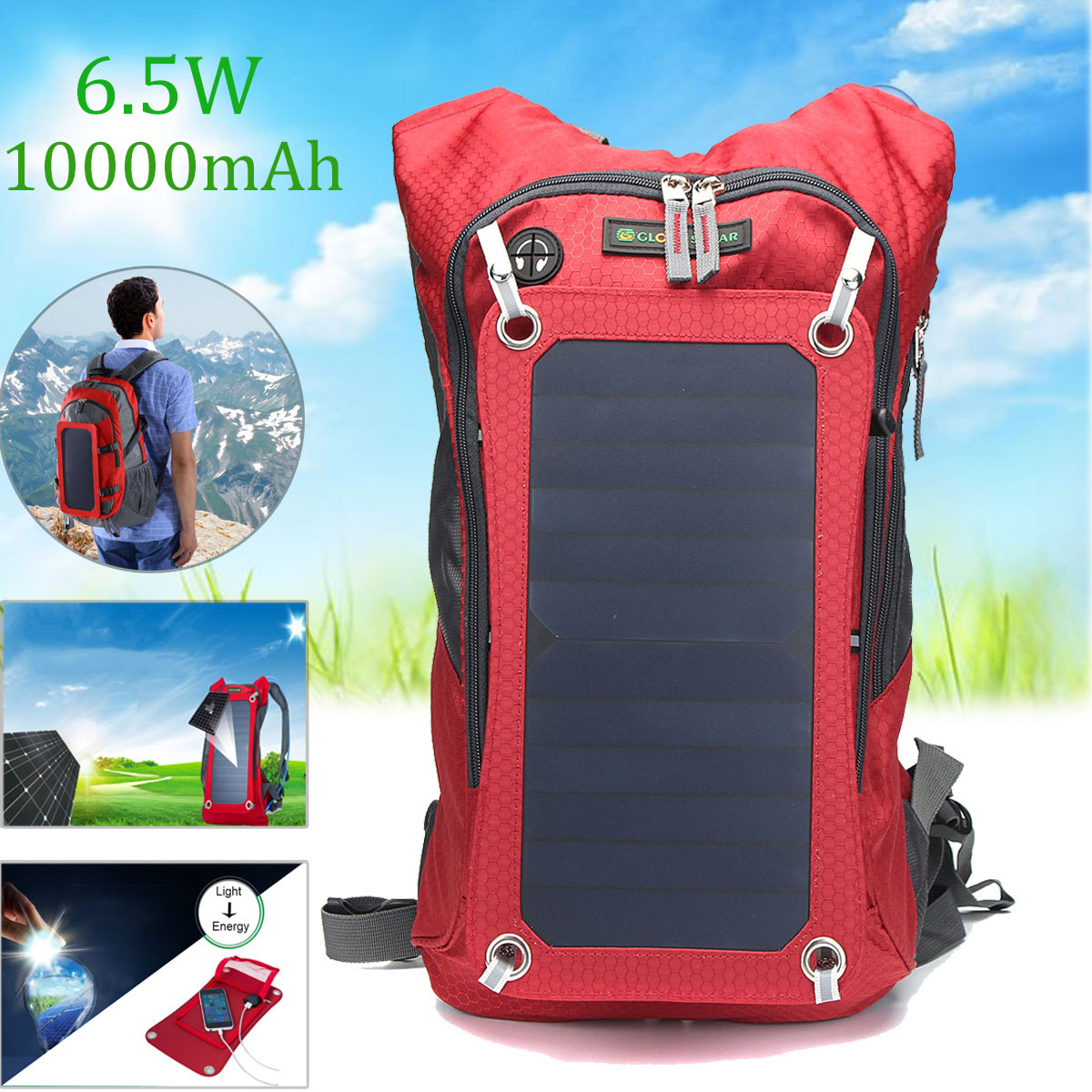 

Outdoor Travel Bag 6.5W Solar Panel USB Powered Detachable Backpack Charger