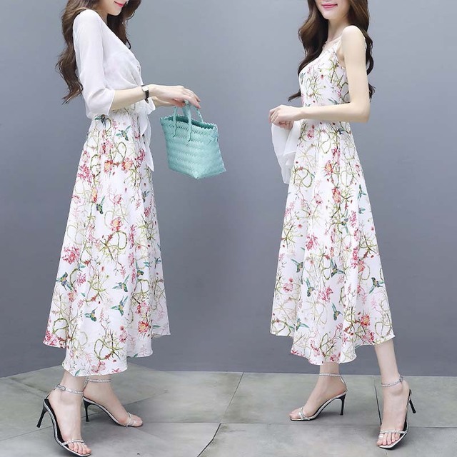 

Цветочный шифоновый ремешок Платье из двух частей популярная женская длинная юбка сезон очень волшебный прилив