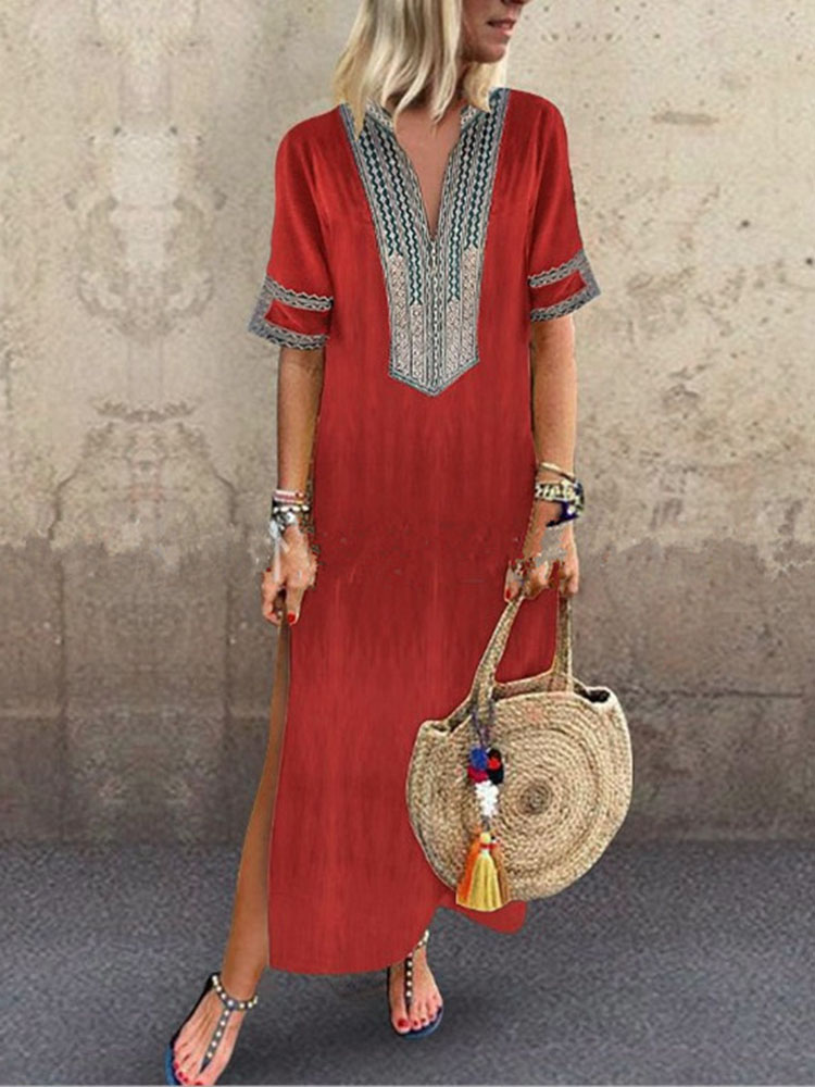 

Vintage Women Folk Style V-Neck Short Sleeve Dress