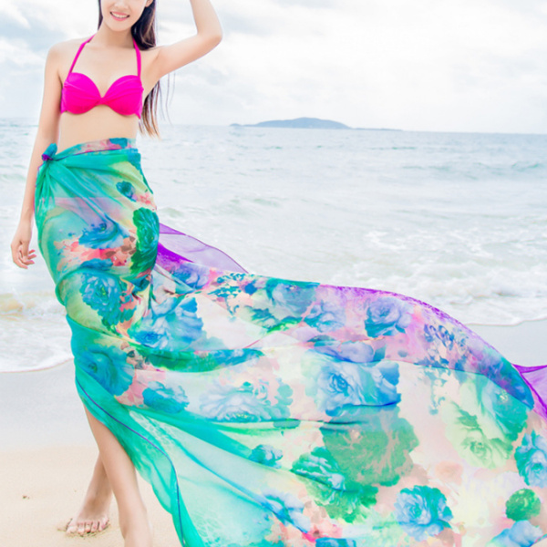 

Women Sexy Silk Floral Printed Beach Towel Summer Thin Sunscreen Soft Shawls Dual Wraps