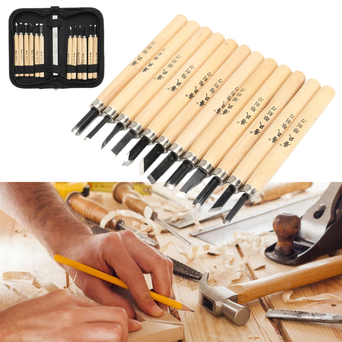 

12Pcs Wood Carving Hand Chisel Tool Set Wood Working Professional Gouges + Case