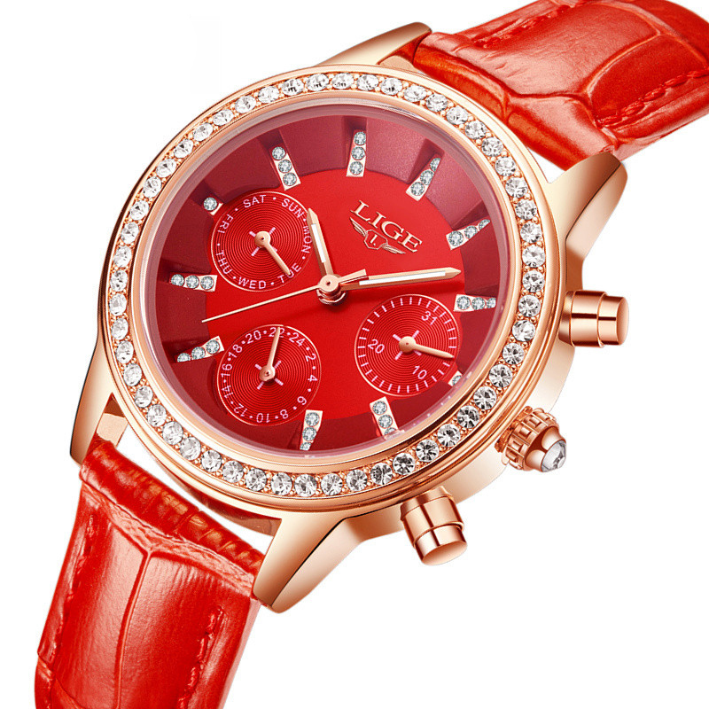 

Lige 9812 Elegant Дизайн Дата Дисплей Женские наручные часы Кожа с бриллиантами Стандарты Кварцевые часы