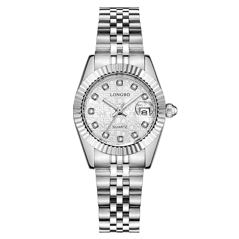 

LONGBO 80435 Fashion Crystal Dial Full Steel Simple Date Display Waterproof Couple Quartz Watch