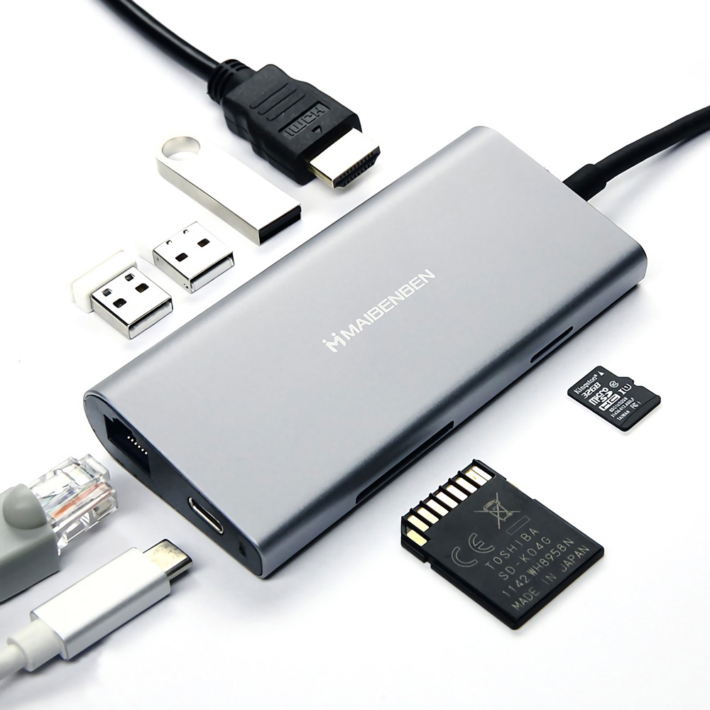 

Maibenben 8-в-1 от Type-C до 3-портового USB 3.0 PD Зарядка 100 Мбит / с RJ45 4K Дисплей SD TF Card Reader Hub