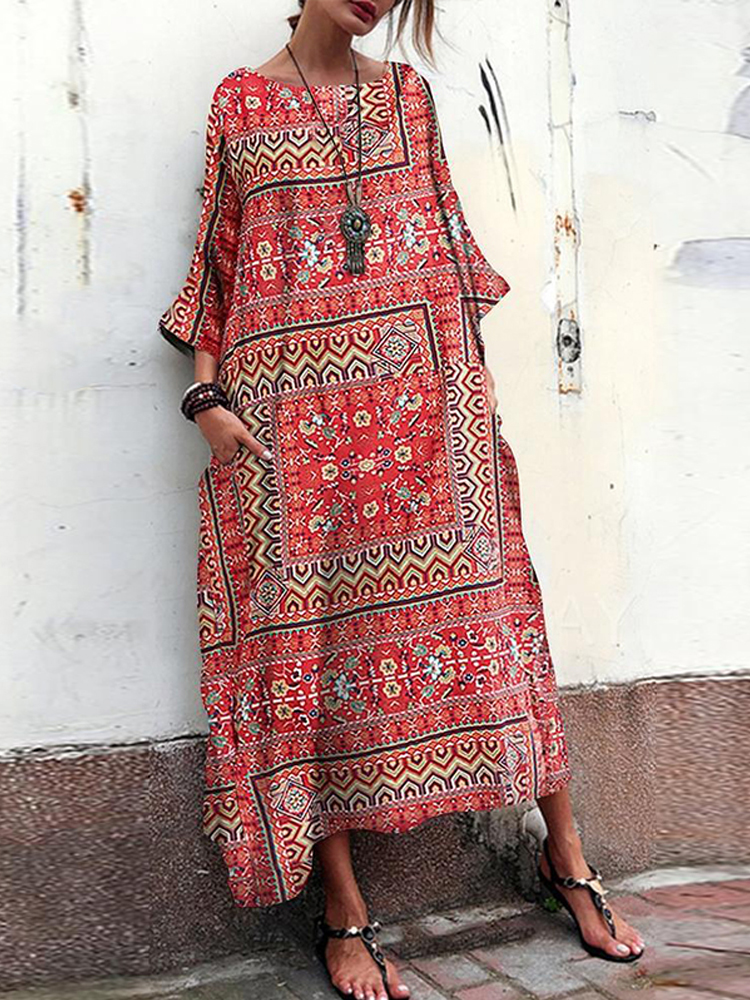 

Свободное мешковатое платье макси с винтажным цветочным принтом и круглым вырезом