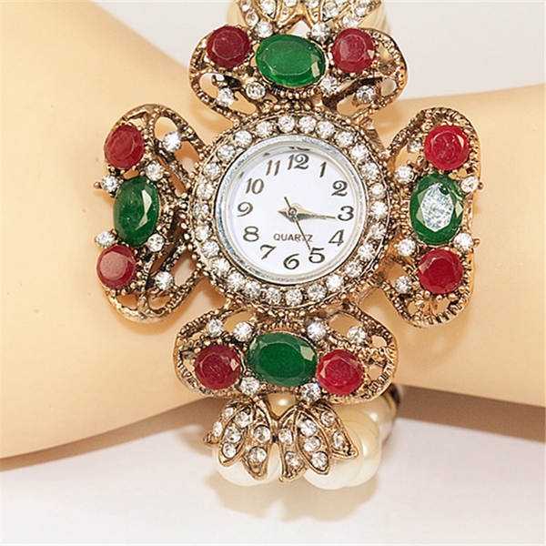 

Преувеличенные моды стразы кейс жемчуг браслет дамы женщин аналоговый кварцевые часы