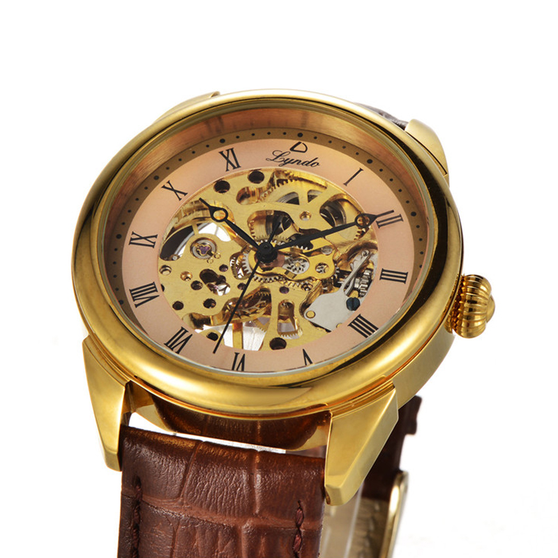 

LYNDO Механический Часы с автоподзаводом Кожаные часы Стандарты Fashion Classic Мужские наручные часы