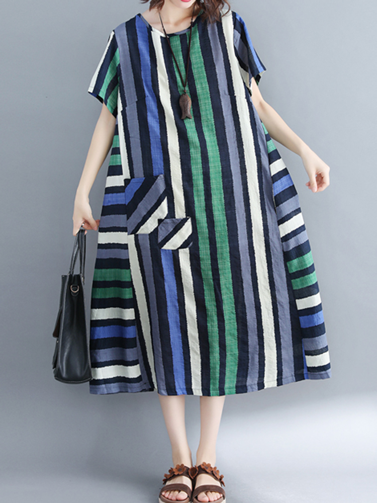 

Женское Повседневный O-образным вырезом с короткими рукавами Striped Loose Платье