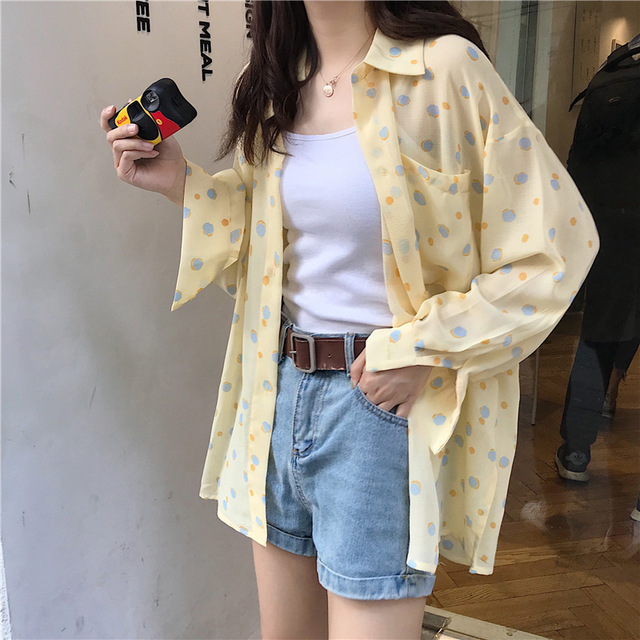 

Chiffon Shirt Female Loose Han Fan Ji New Lapel Long Sleeve Long Section Sunscreen Shirt Jacket Cardigan