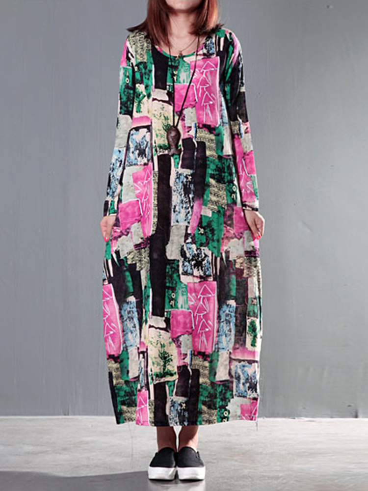 

Винтаж O-образный вырез с цветочным принтом Loose Baggy Maxi Платье