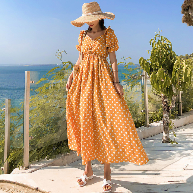 

Пляжная юбка женская New Seaside Holiday Тонкий Платье Супер Фея Богемный Волновой Точка Желтый Платье
