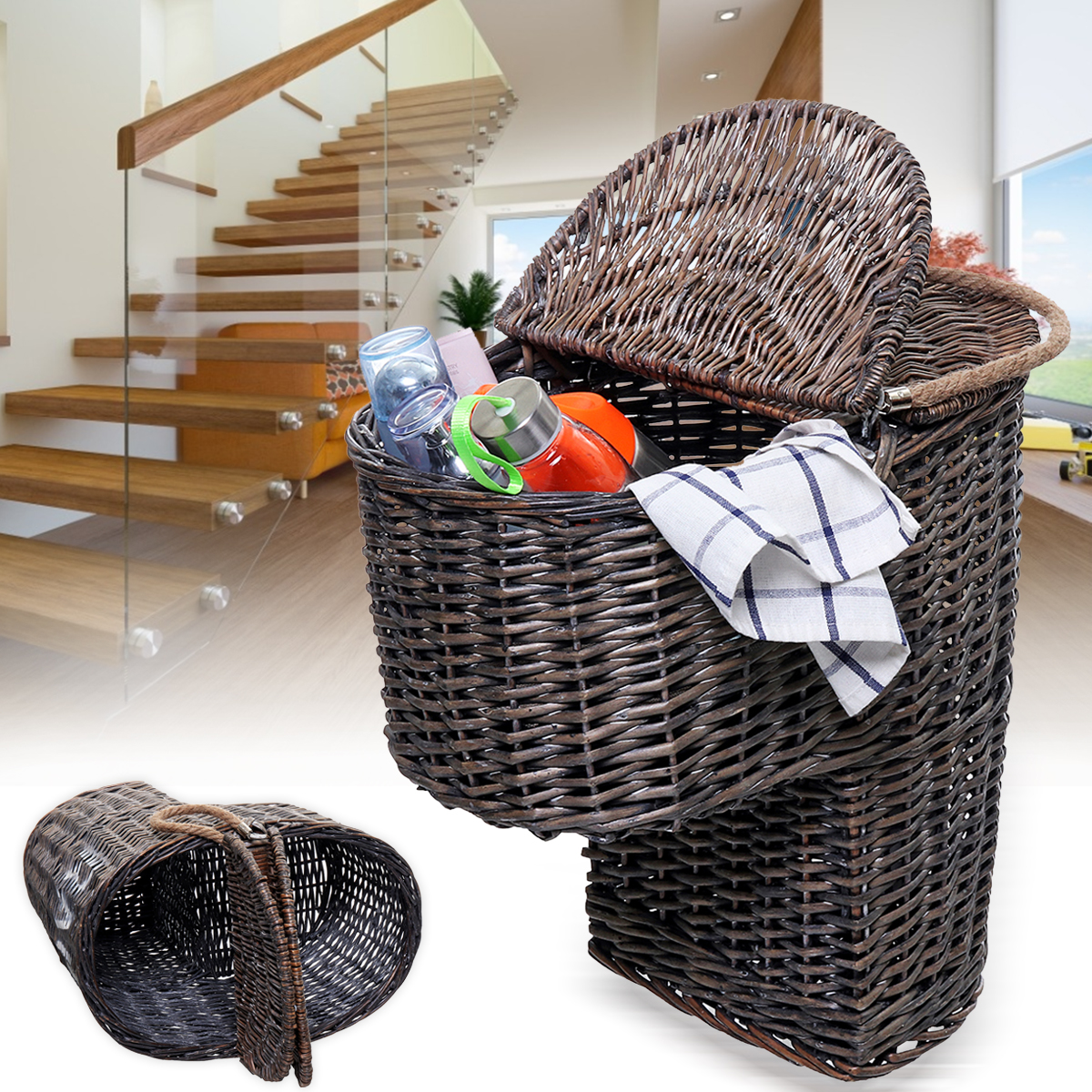

Wicker Handwoven Stair Step Storage Box Basket Baskets Container Carry With Handle