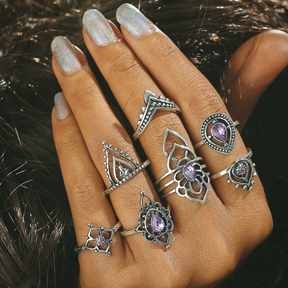 

7 Pcs Purple Crystal Trendy Hollow Flower Knuckle Ring Set