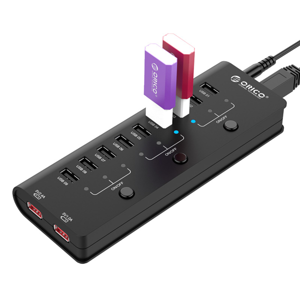 

ORICO HF9US-2P-BK 9-портовые USB-концентраторы и 2 зарядных порта с выключателем питания 12В 2.5А Адаптер питания зарядки