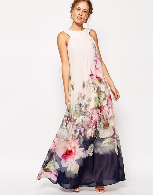 

European And American Sling Floral Women's Long Digital Print Evening Dress Dress