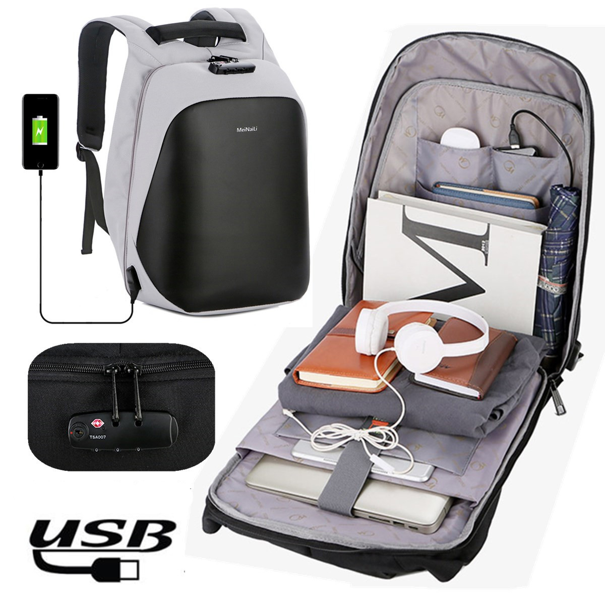 

Anti Theft Code Lock Laptop Backpack Travel Bag With USB Charging Port For Laptop Notebook Tablet PC Under 15.6 Inch