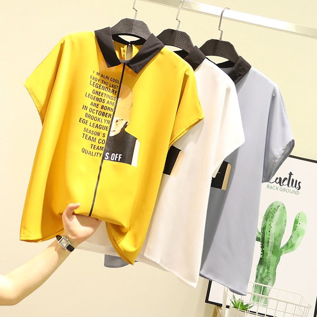 

Большой размер женская толстая сестра моды печати с короткими рукавами футболки сезон свободные дышащий Рубашка воротник Рубашка 269012
