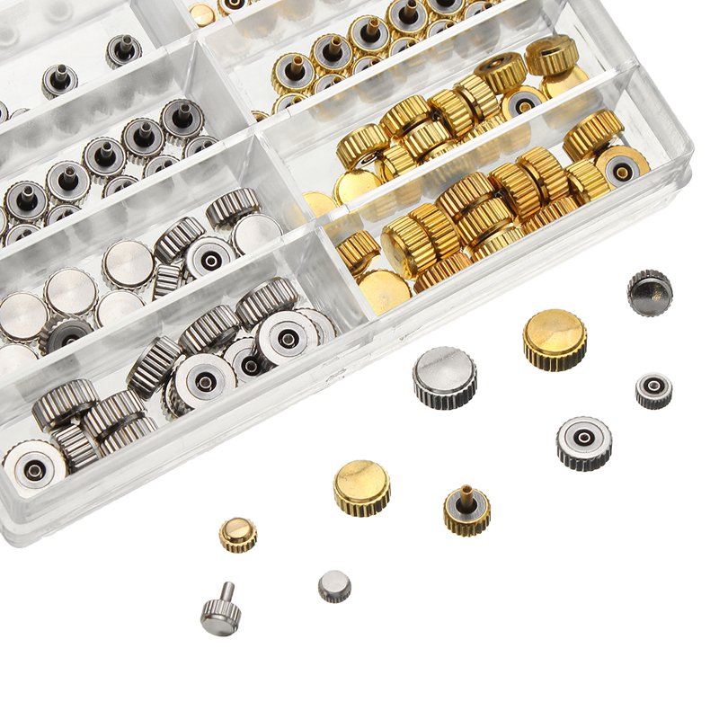 

150pcs Mixed Silver Gold Watch Crown Watch Accessories Parts 10 Size Assortment Set