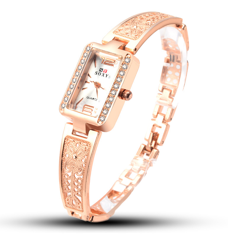 

SOXY 0123 Розовое золото Чехол Прямоугольный циферблат Дизайн Женские часы-браслет Модные кварцевые часы