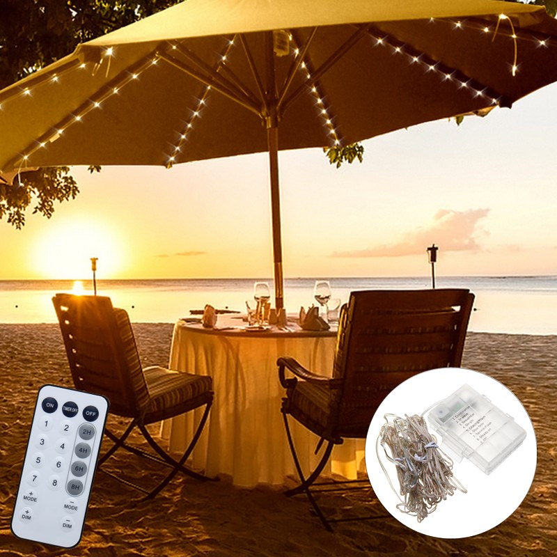 

Battery Powered Patio Umbrella 104 LED Fairy Holiday String Light With 8 Modes Button Switch