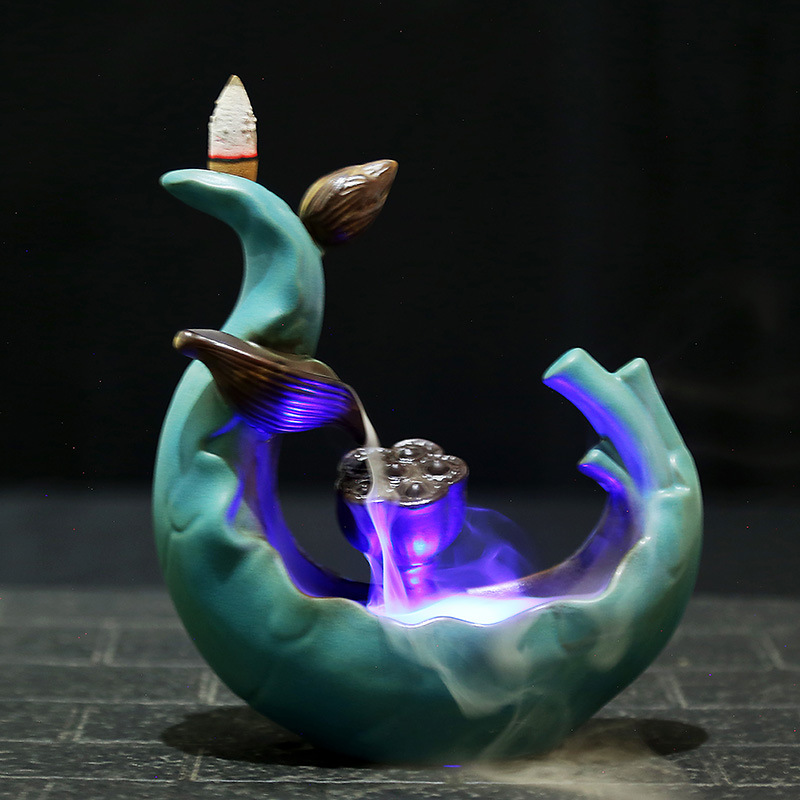 

Ceramic LED Light Lotus Pond Incense Smoke Burner Backflow Incense Holder w/ 10 Cones
