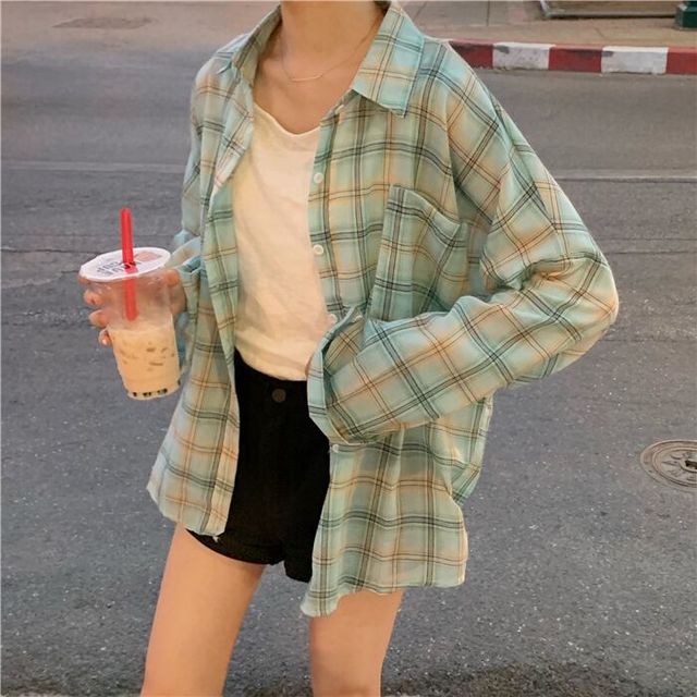 

Plaid Shirt Female Han Fan Ji New Loose Students In The Long Section Long-sleeved Sunscreen Shirt Thin Coat
