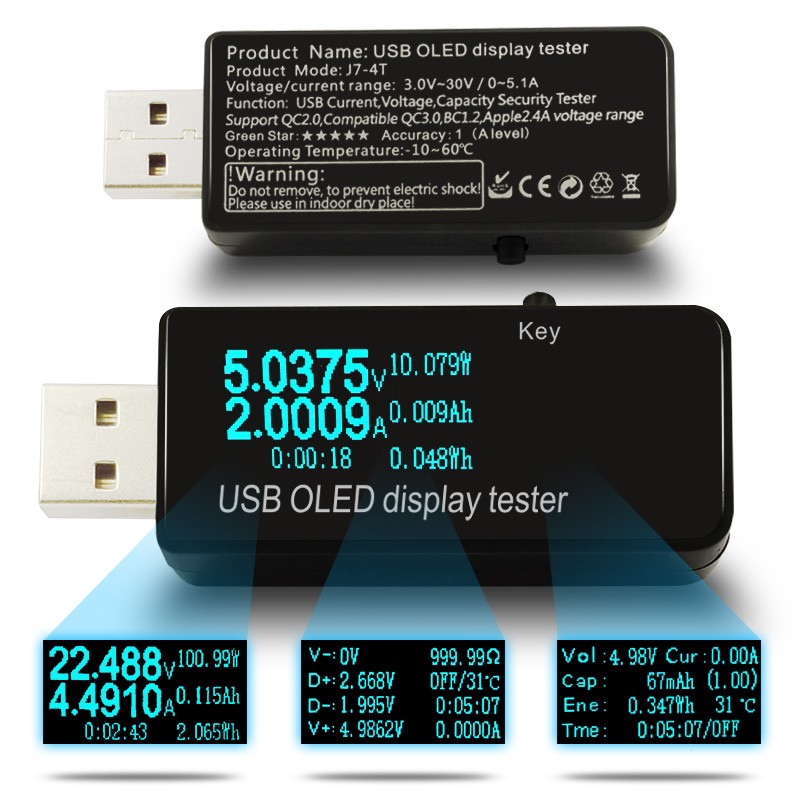 

OLED 128x64 USB тестер постоянного тока вольтметр измеритель напряжения банк питания Батарея емкость Монитор QC3.0 детек