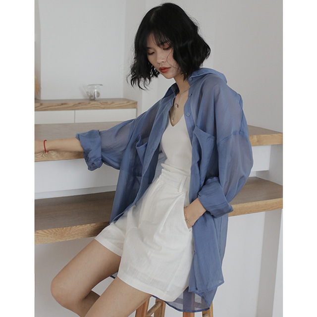 

South Korea Season New Solid Color Thin Section Sunscreen Shirt Bf Wind Wild Long Section Loose Casual Shirt Women