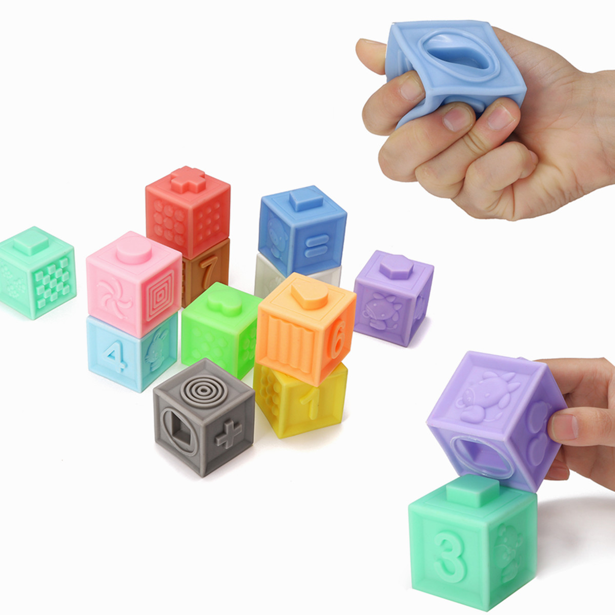 

6/12 PCS Baby Grasp Rubber Squeeze Toy Developmental Model Building Learning Toys With Box Packing