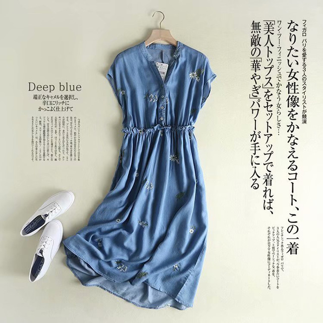

D1152-Европейский стиль женский сезон Новый V-образный вырез из дерева Уши Вышитая шелковая джинсовая ткань Платье