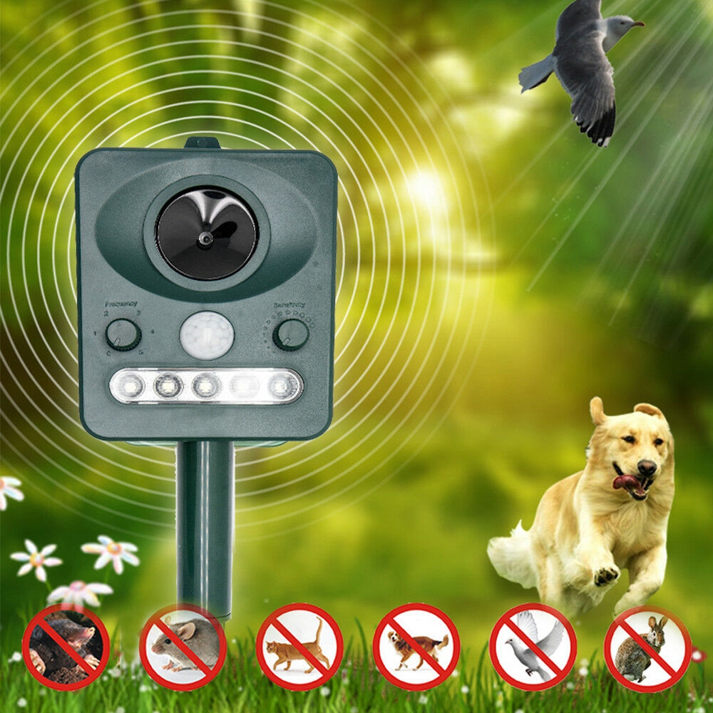 

Solar Powered Animal Repeller Outdoor with LED Flash Light Ultrasonic Dog Rats Repellent Mice Motion Sensor Deterrent De