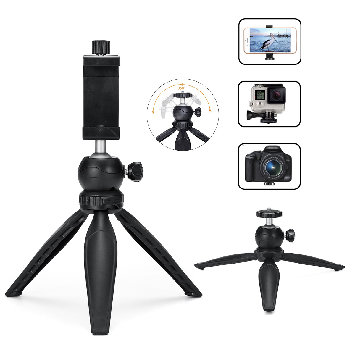 

Mini Multi-angle Rotation Handheld Selfie Stick Tripod for Sports Camera Tabletop Smartphones With Phone Clip