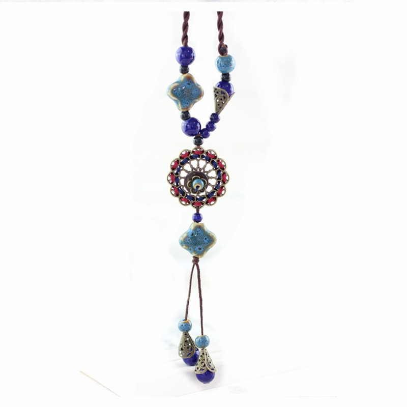 

Этнические Женское Ожерелье Керамический Дроп Кулон Lucky Цветочный регулируемый свитер ожерелье свитер для нее